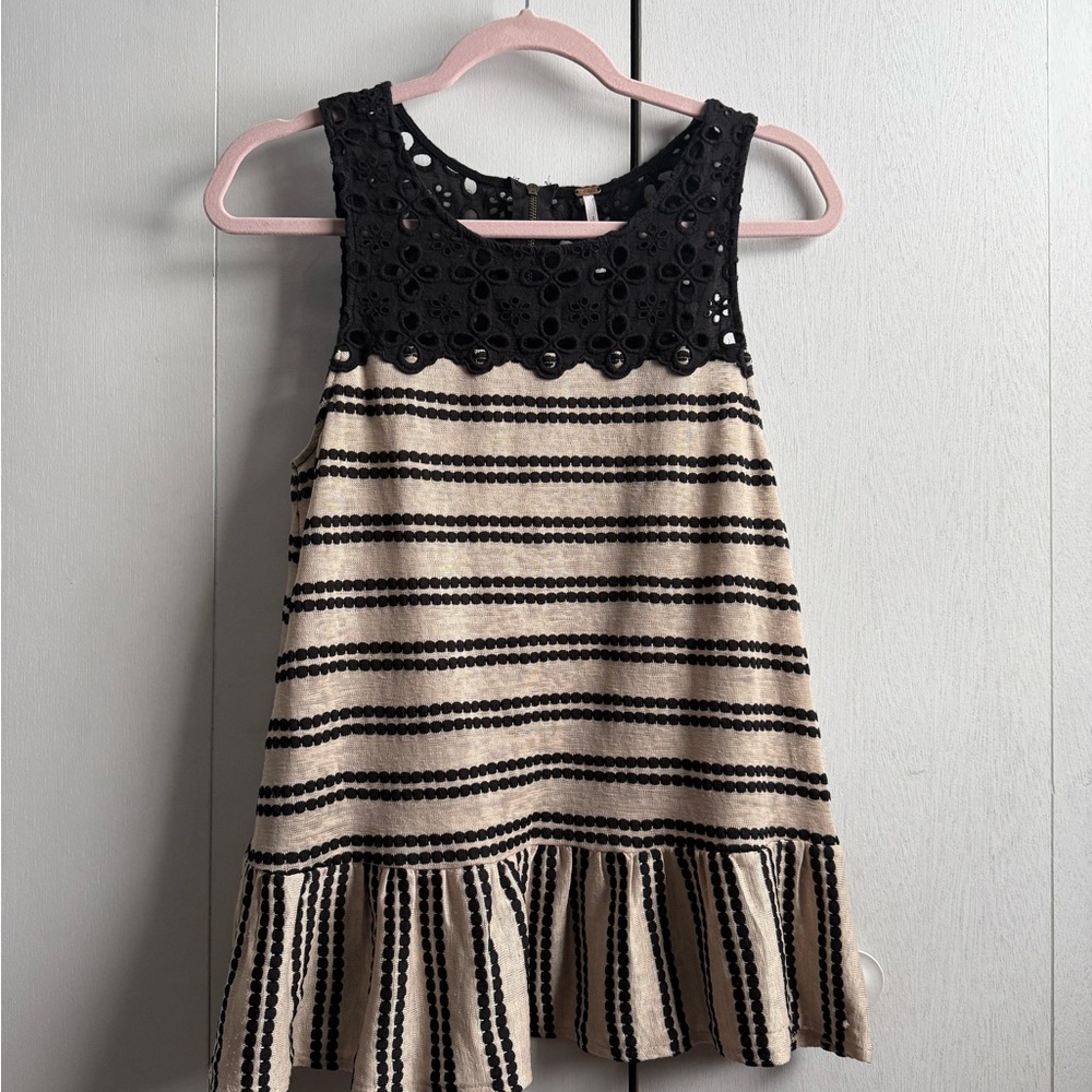 Free People Black Lace Yoke Cream & Black Striped women’s  top